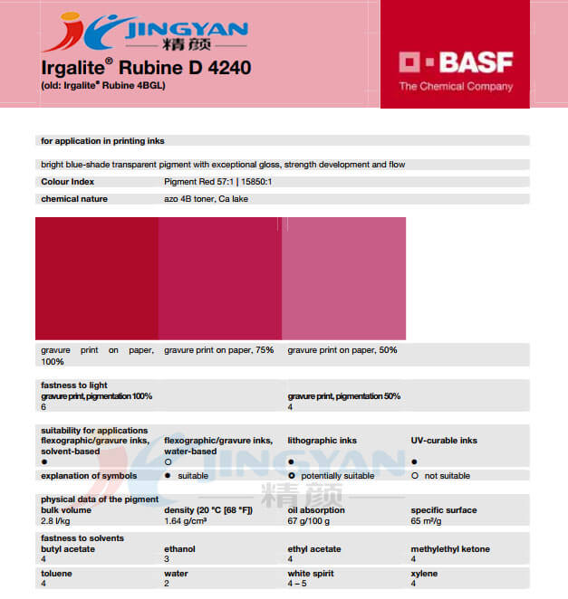 巴斯夫有机颜料红D4240/汽巴4BGL BASF Irgalite Red D4240/4BGL(R.57:1) 巴斯夫颜料红艳佳丽D4240/汽巴4BGL有机颜料