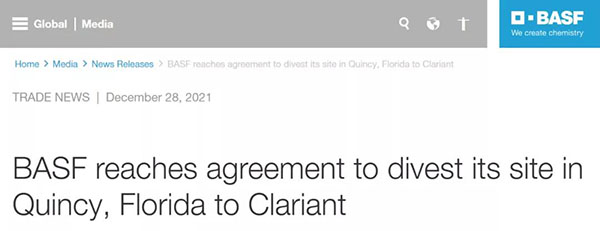 巴斯夫达成协议，将其位于佛罗里达昆西的工厂剥离给科莱恩