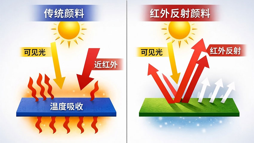 红外反射颜料与普通颜料光谱原理对比示意图，红外反射颜料反射近红外光实现隔热