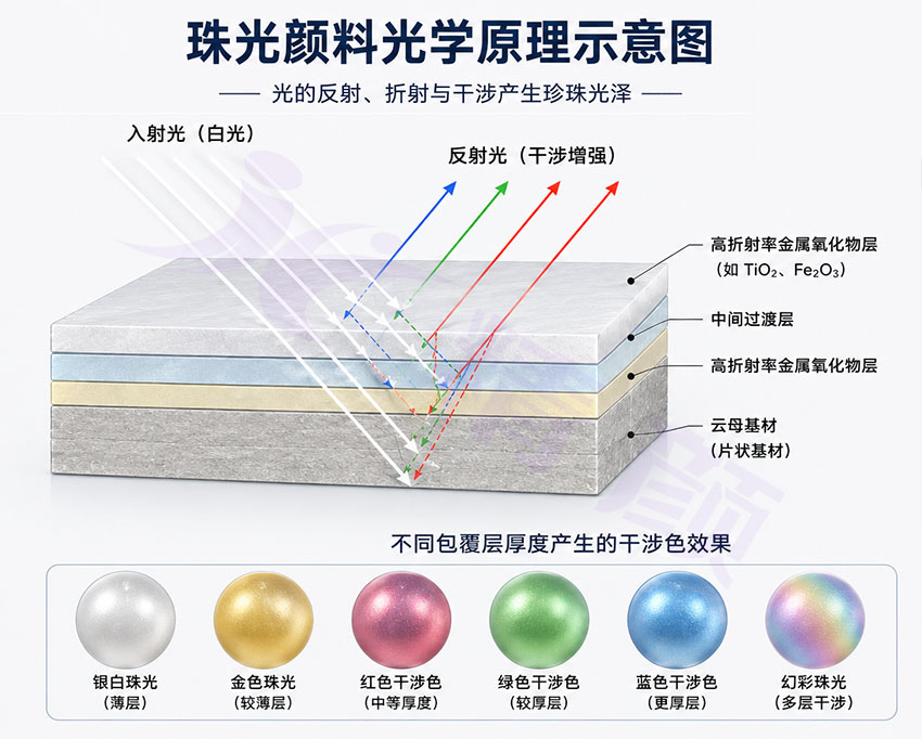 珠光颜料光学结构与光干涉原理示意图
