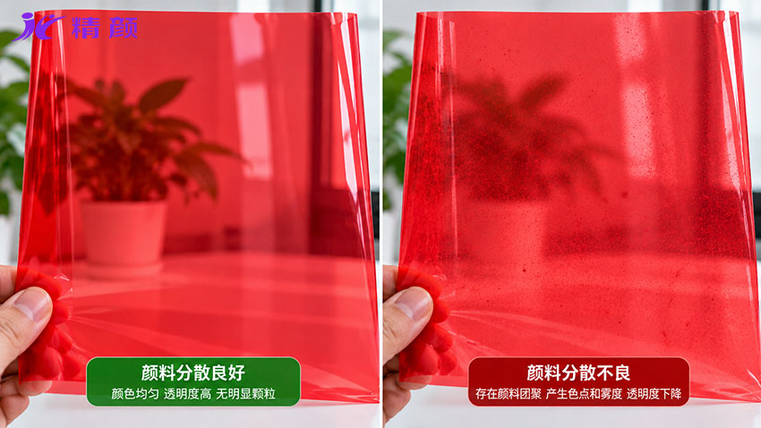 塑料薄膜颜料分散良好与分散不良的透明度及色点对比
