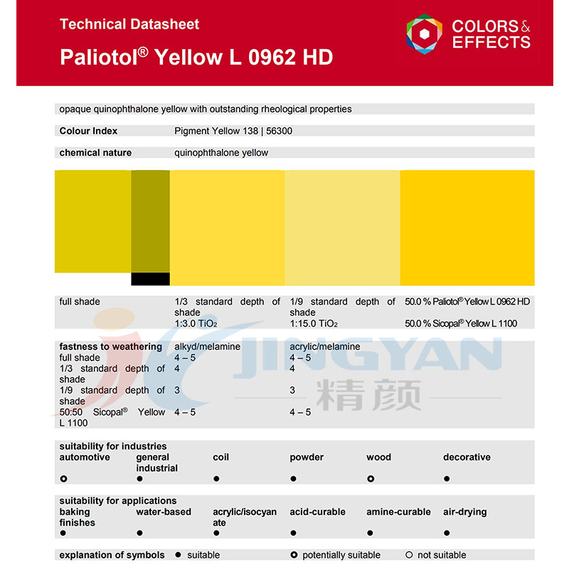 巴斯夫L0962HD喹酞酮黄颜料TDS数据表