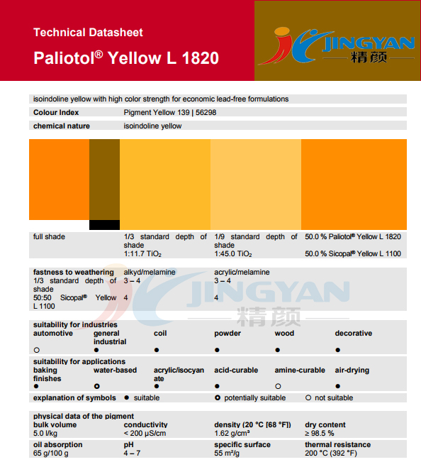 巴斯夫颜料黄L1820高着色力异吲哚啉黄(颜料黄139)