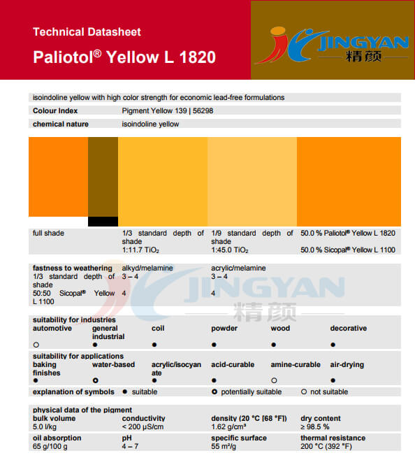 巴斯夫颜料黄L1820高着色力异吲哚啉黄(颜料黄139)