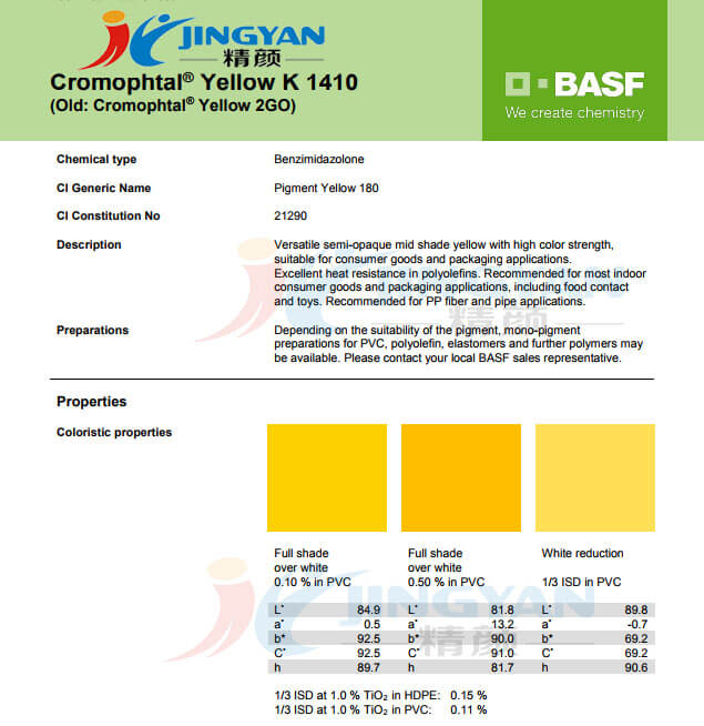 巴斯夫颜料K1410/2GO黄有机颜料 BASF Cromophtal Yellow K1410(Y-180)