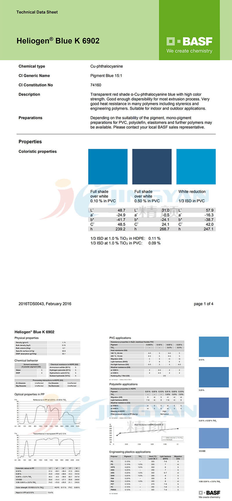 巴斯夫K6902酞菁蓝有机颜料(B.15:1) BASF Heliogen Blue K6902