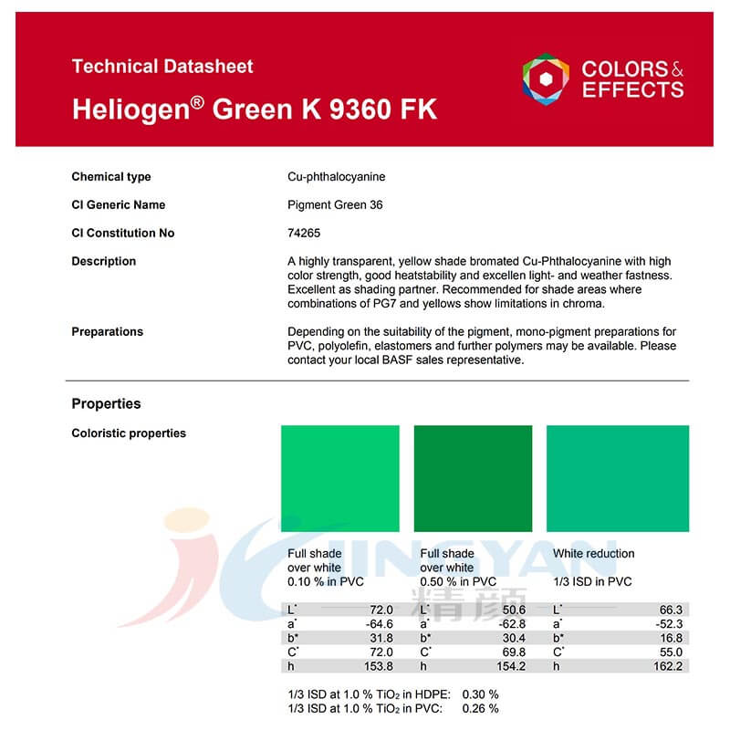 巴斯夫颜料海丽晶K9360FK酞菁绿有机颜料 BASF Heliogen Green K9360FK(颜料绿P.G.36)卤化铜酞菁绿