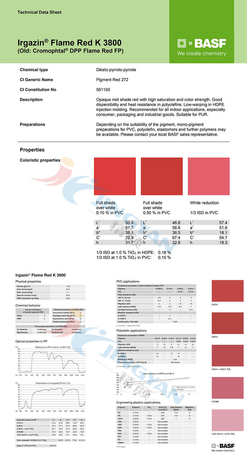 巴斯夫K3800火红色不透明有机颜料TDS技术数据表