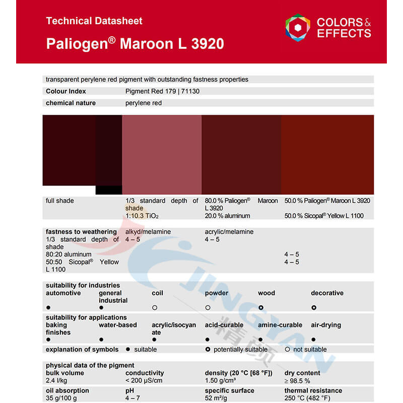 巴斯夫L3920苝红有机颜料BASF Paliogen Maroon L3920派力奥根颜料红179