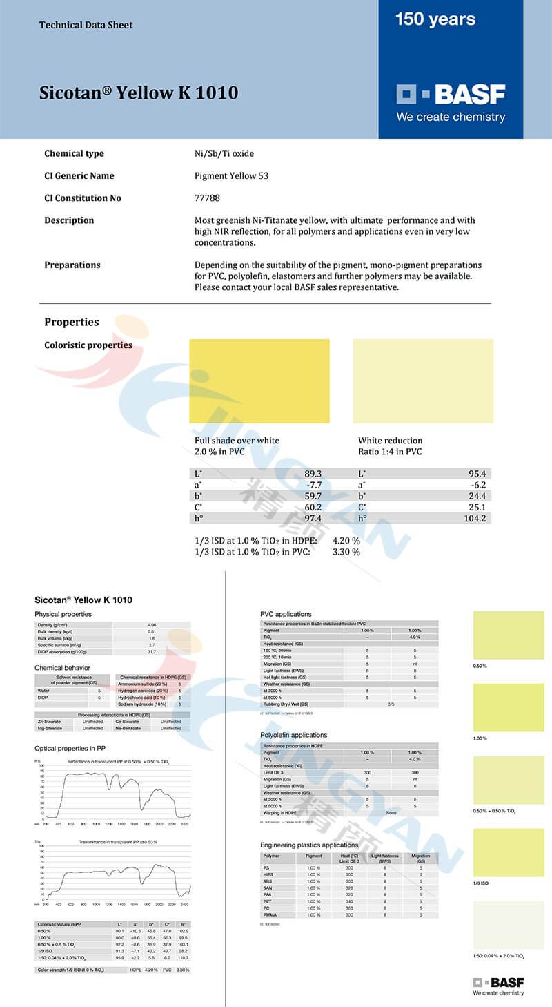 BASF Sicotan Yellow K1010 (P.Y.53)巴斯夫颜料色丽泰K1010黄 金红石型铬镍钛无机颜料