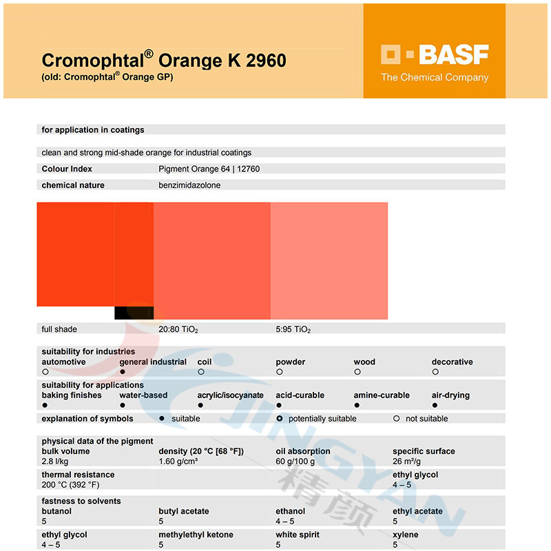 巴斯夫k2960苯并咪唑酮橙颜料TDS报告