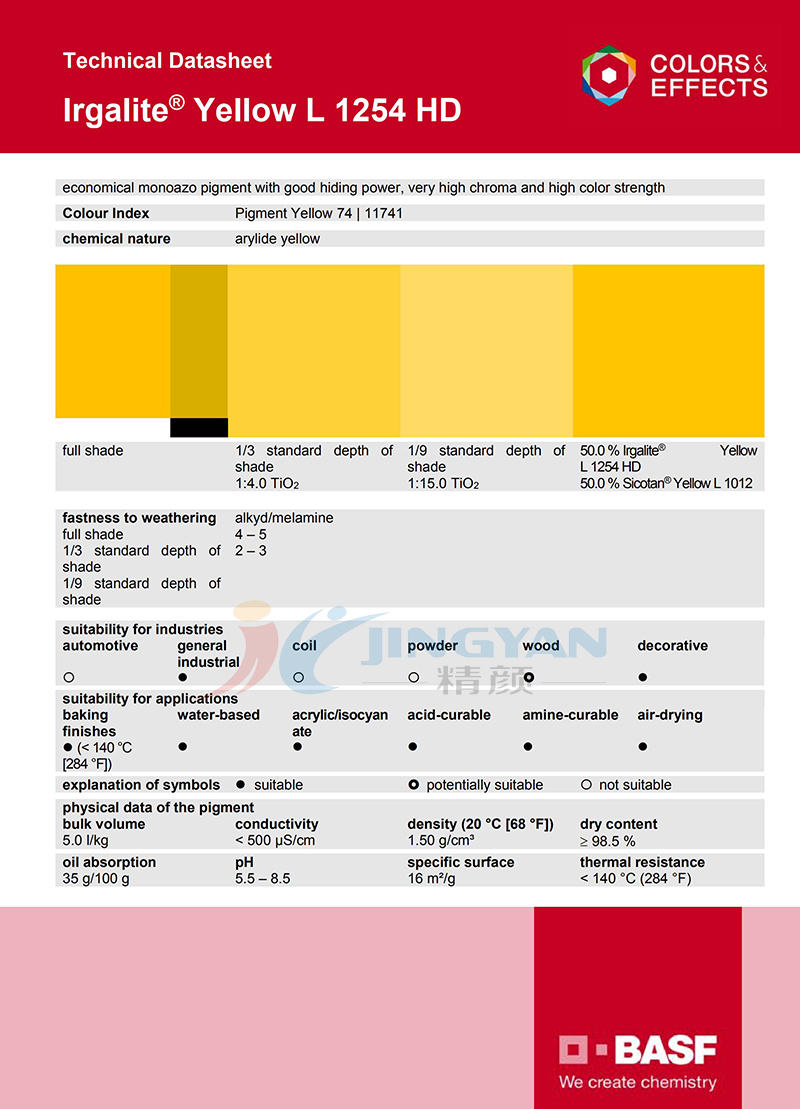 巴斯夫L1254HD单偶氮颜料黄TDS技术数据报告