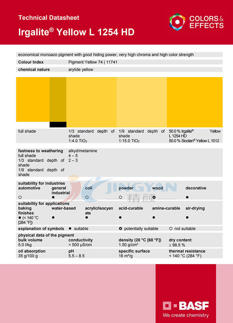 巴斯夫L1254HD单偶氮颜料黄TDS技术数据报告