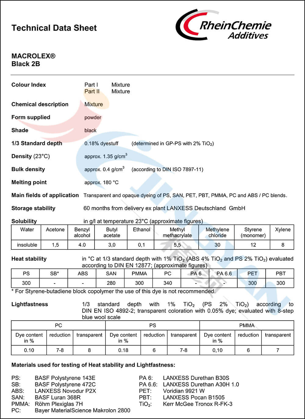 朗盛染料2B黑数据表1