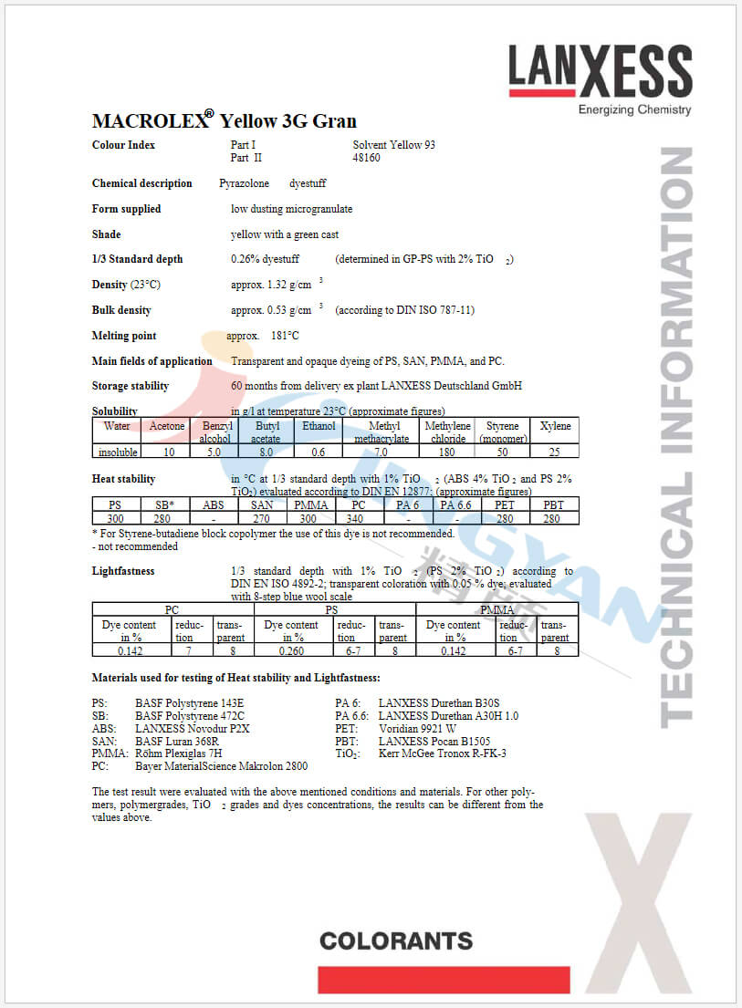 朗盛耐高温染料3G黄数据表