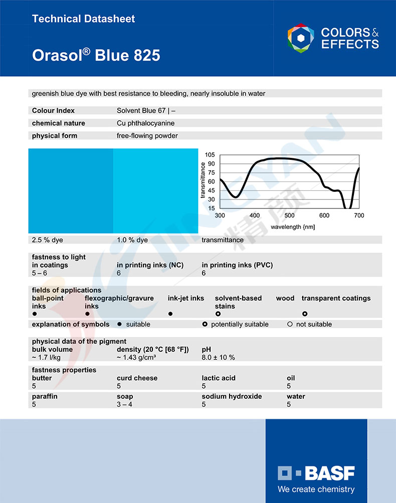 巴斯夫奥丽素825酞菁染料TDS技术数据表
