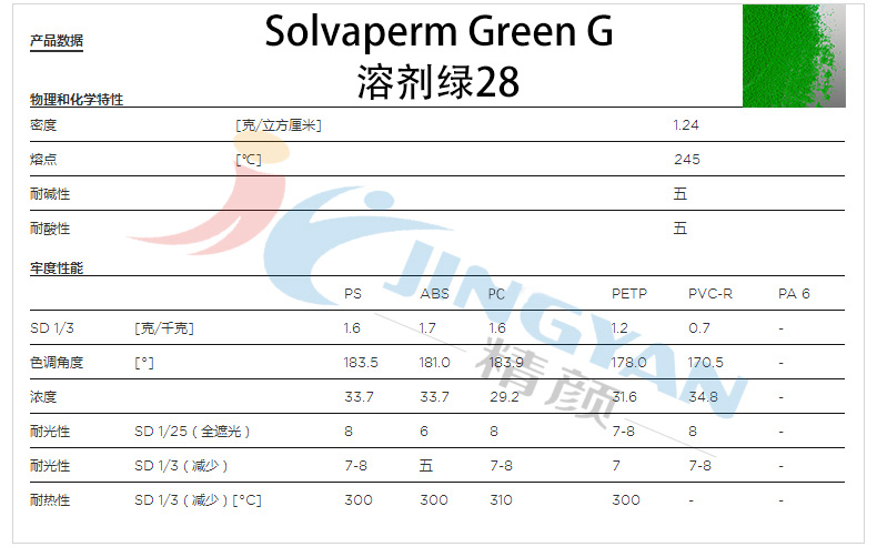 科莱恩塑料溶剂染料绿G数据表